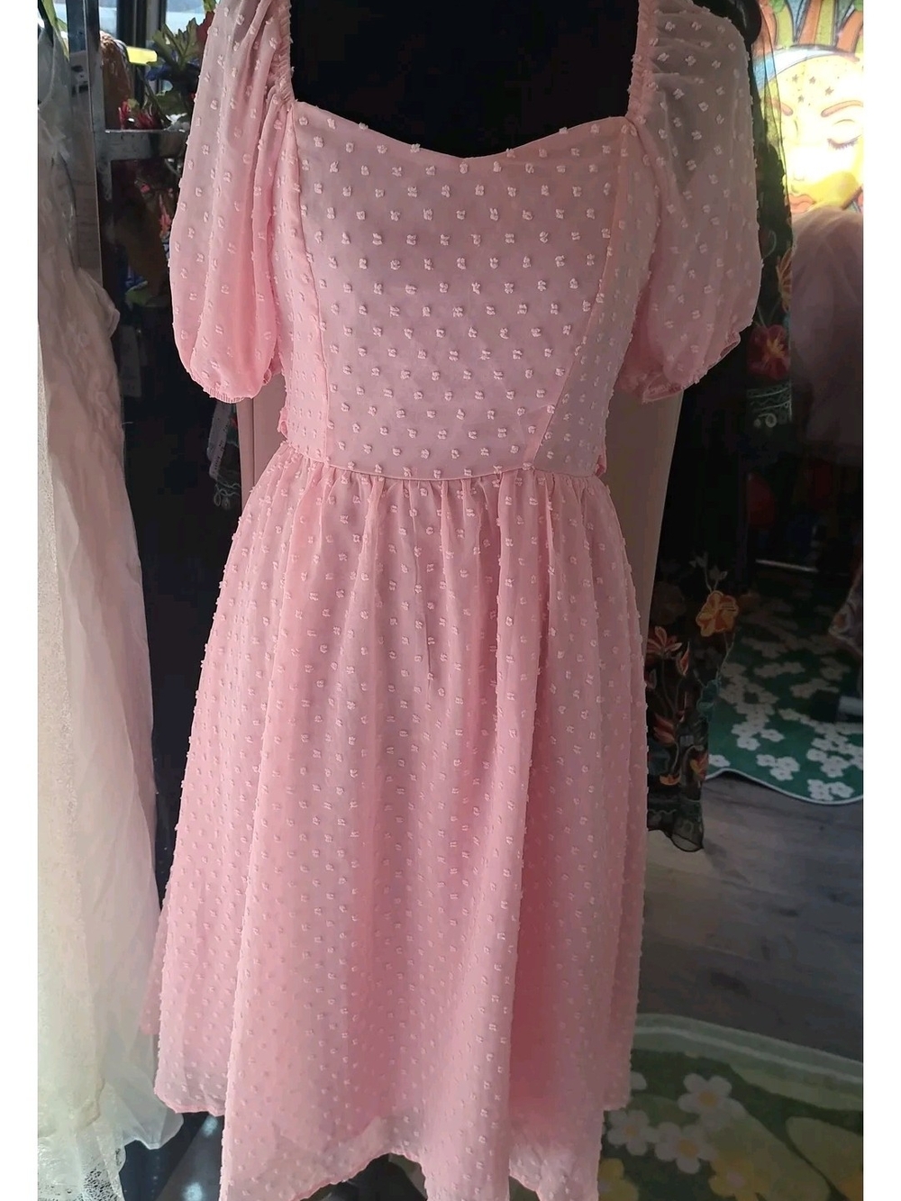 Pink Swiss Dot Puff Sleeve Midi Dress